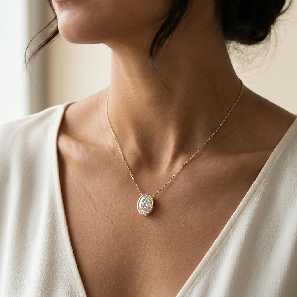 Oval-cut diamond solitaire pendant in an 18k yellow gold bezel on a fine chain, photographed on a white studio background
