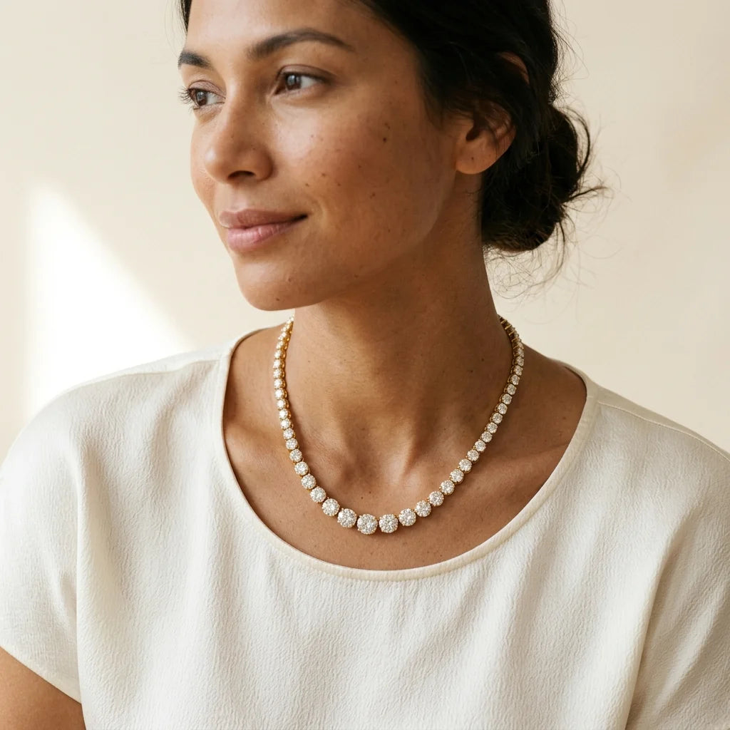 Graduated round brilliant diamond tennis necklace in 18k yellow gold on a white studio background