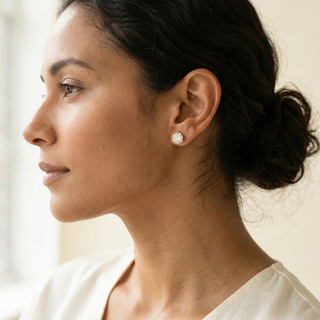 Pair of round brilliant diamond stud earrings in 18k yellow gold martini settings on a white studio background