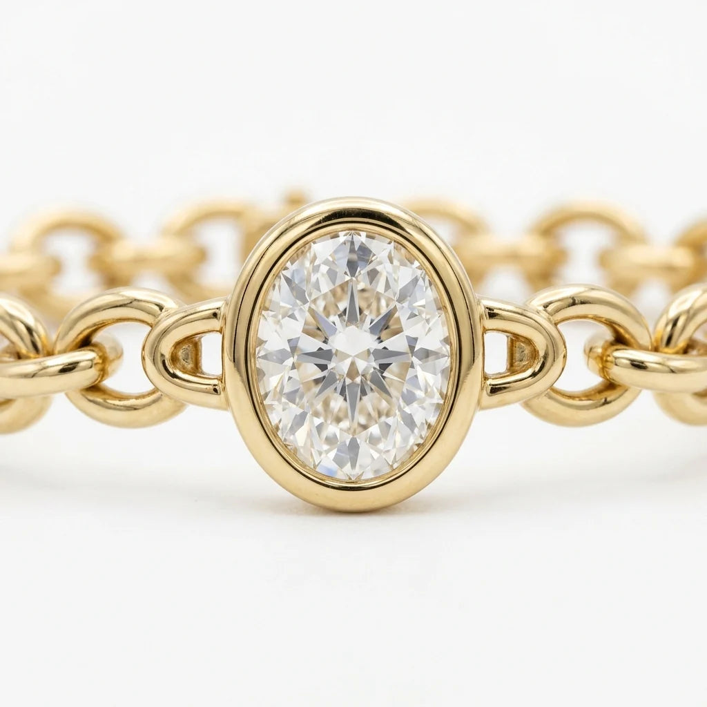 Sculpted 18k yellow gold link bracelet with a bezel-set oval diamond station on a white studio background