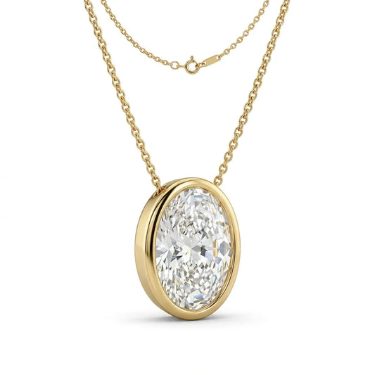 Oval-cut diamond solitaire pendant in an 18k yellow gold bezel on a fine chain, photographed on a white studio background
