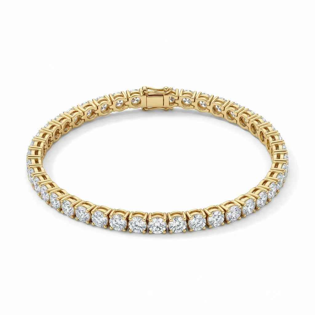 Round brilliant diamond tennis bracelet in 18k yellow gold with a box clasp on a white studio background
